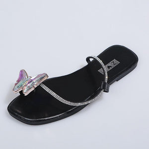 Women butterfly ring toe rhinestone strap slide flat sandals
