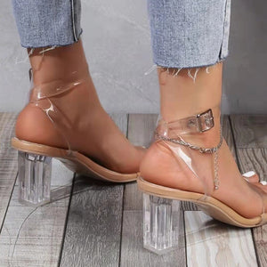 Women open toe buckle strap slingback chunky clear heels