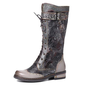 Women retro flower buckle strap lace up mid calf boots