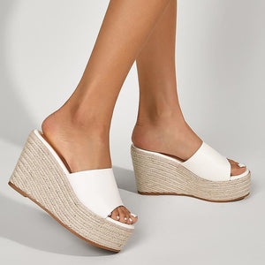 Women white peep toe one strap slide espadrille wedge sandals