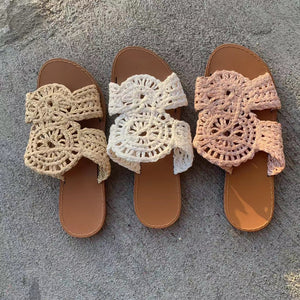 Women cute flower woven one strap flat slide sandals