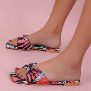 Women leaves printed bow strap square peep toe slide sandals