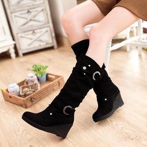 Women buckle strap slip on wedge mid calf boots