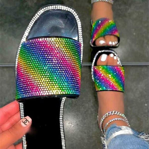 Women rainbow sparkly rhinestone strap square toe flat slide sandals