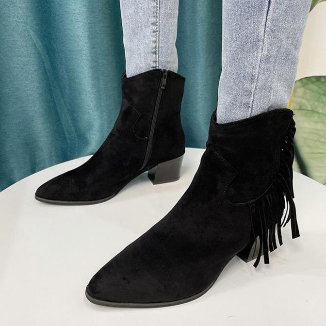 Women chunky heel pointed toe side zipper short fringe boots