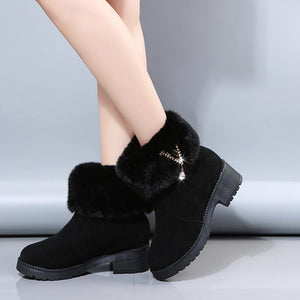 Women chunky heel rhinestone pendant faux fur short snow boots