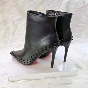 Women short pointed toe side zipper studded stiletto heeled boots