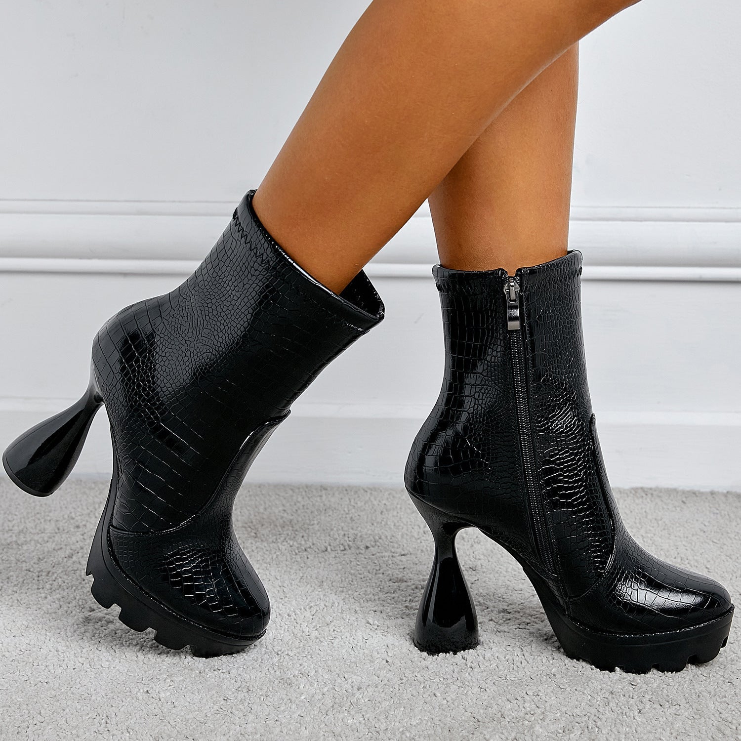 Women black shor crocodile embossed chunky heel side zipper platform boots