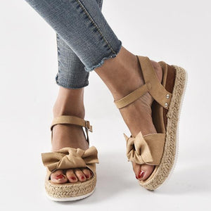 Women bowknot peep toe ankle strap espadrille platform sandals