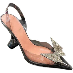 Women sexy pointed toe butterfly bow slingback chunky heels