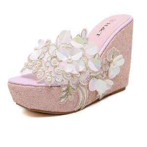 Women rhinestone flower one strap slip on platform wedge sandals