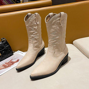 Women chunky heel pointed toe embroidered slip on mid calf boots