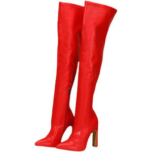 Women winter chunky heel pointed toe side zipper over the knee boots