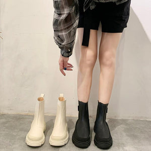 Women chunky platform short slip on chelsea boots