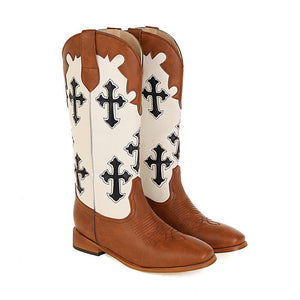 Women color block embroidered chunky heel mid calf boots