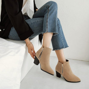 Women chunky heel side zipper pointed toe ankle boots