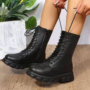 Women combat boots England style mid calf chunky platform boots with side zipper