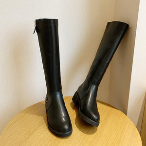 Women knee high chunky heel platform side zipper black boots