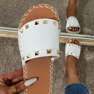 Women studded strap summer beach slide flat sandals