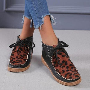 Women ankle flat heel lace up leopard booties