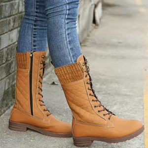 Women winter lace up side zipper medium chunky heel mid calf boots