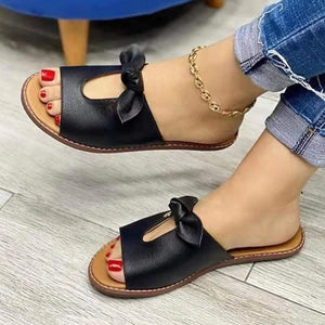 Women bow peep toe summer flat slide sandals