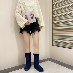 Women flatform mid calf buttons faux fur warm winter snow boots