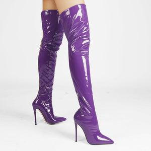 Women thigh high boots PU patent leather over the knee stiletto heel boots pointed toe