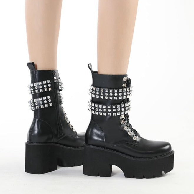 Women biker fashion short studded lace up side zipper black boots
