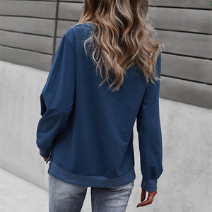 Women solid color long sleeve button pullover crewneck sweatshirt