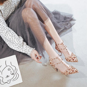 Women pointed toe hollow slingback stiletto high heel studded heels
