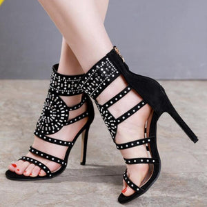 Women sexy peep toe rhinestone floral strappy black high heels