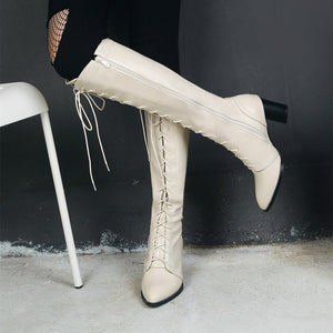 Women pointed toe chunky high heel lace up knee high boots