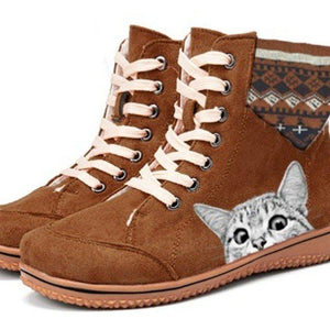 Women cat printed lace up flat short cute boots