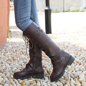 Women buckle strap criss cross lace up knee high boots