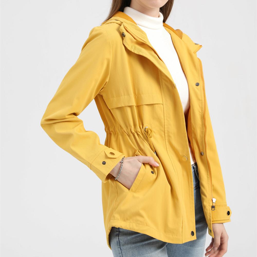 Women hoodie waist laces outdoor trench coat with pockets