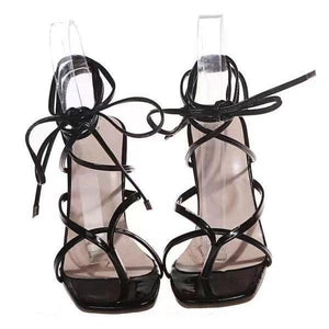 Women stiletto square clip toe lace up strappy heels