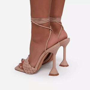 Women square peep toe woven strap ankle strappy lace up heels