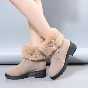 Women chunky heel rhinestone pendant faux fur short snow boots