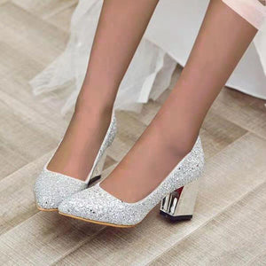 Women glitter sequin chunky heel pointed toe wedding heels