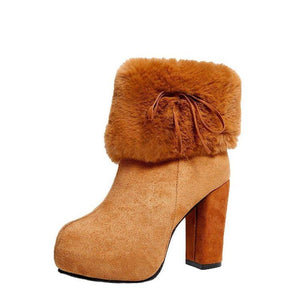 Women winter warm faux fur bowknot chunky high heeled platform booties