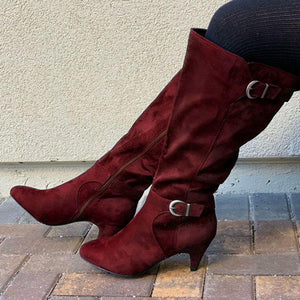 Women kitten heel buckle strap knee high boots