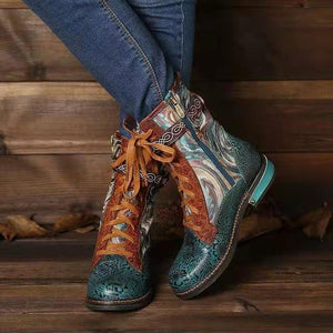 Women ethnic lace up side zipper buckle strap short boots