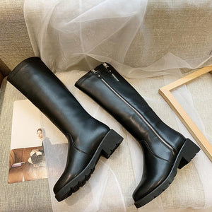 Women knee high chunky heel platform side zipper black boots