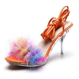 Women peep toe strappy lace up stiletto high fur heels