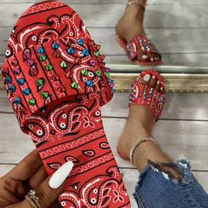 Women studded strap flower printed summer slide sandals
