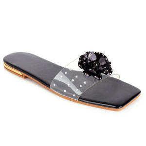 Women flower rhinestone clear strap square toe slide sandals