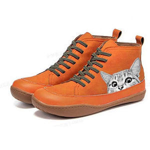 Women cat printed lace up flat low heel ankle boots