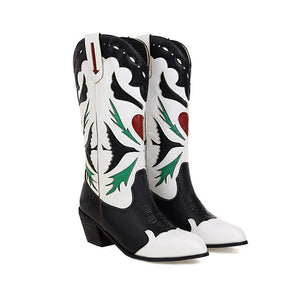 Women color block embroidered hollow chunky heel mid calf boots