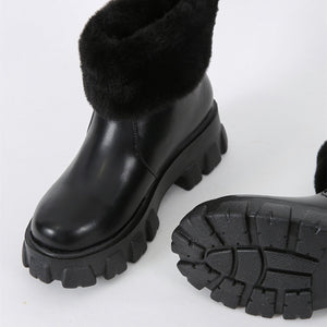 Women faux fur slip on short chunky platform boots